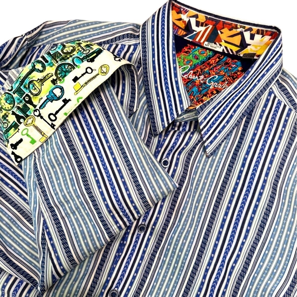 Robert Graham Dress Shirt Mens 2XL Blue Striped Contrast Flip Cuffs Unique Keys
